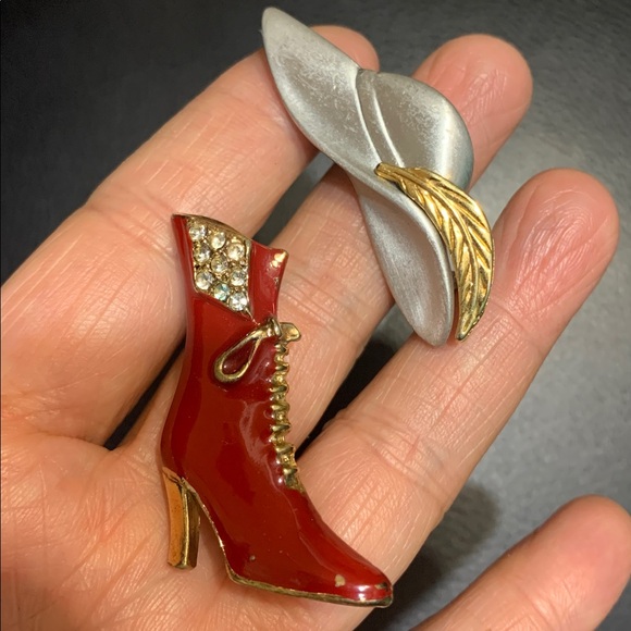 Vintage Red Boot and Silver Hat Brooch Set - Picture 3 of 4